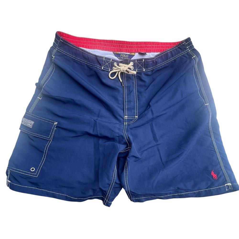 Vtg Polo Ralph Lauren Swim Trunks Shorts Mens Large Red Blue Nylon Lined Pocket